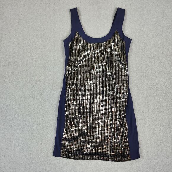 🌼UK Style French Connection Dress Size 4 Navy Blue Sleeveless Faux Sequins - Picture 4 of 14